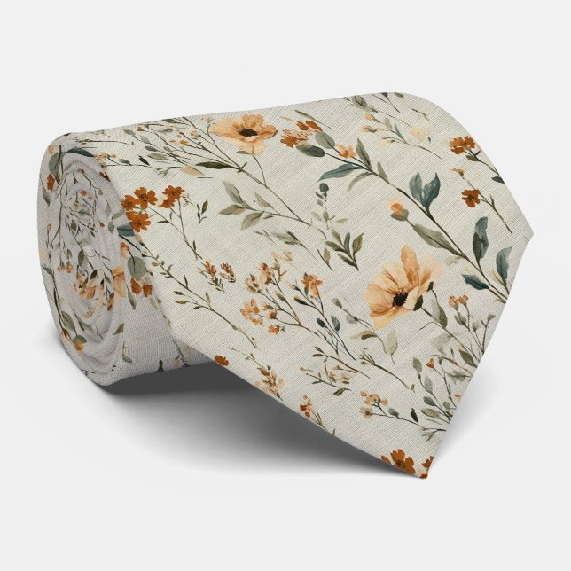 Soft Peach Wildflower Elegance Floral Wedding Neck Tie (Rolled)