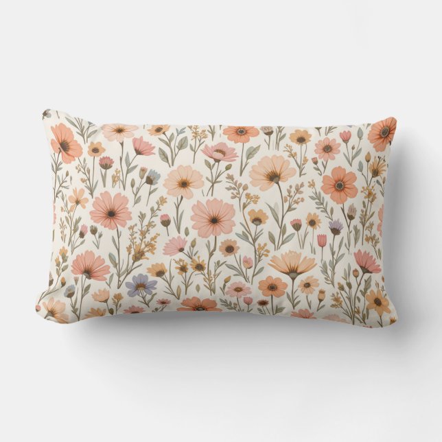 Soft Peach Wildflower Seamless Floral Pattern Lumbar Pillow (Front)