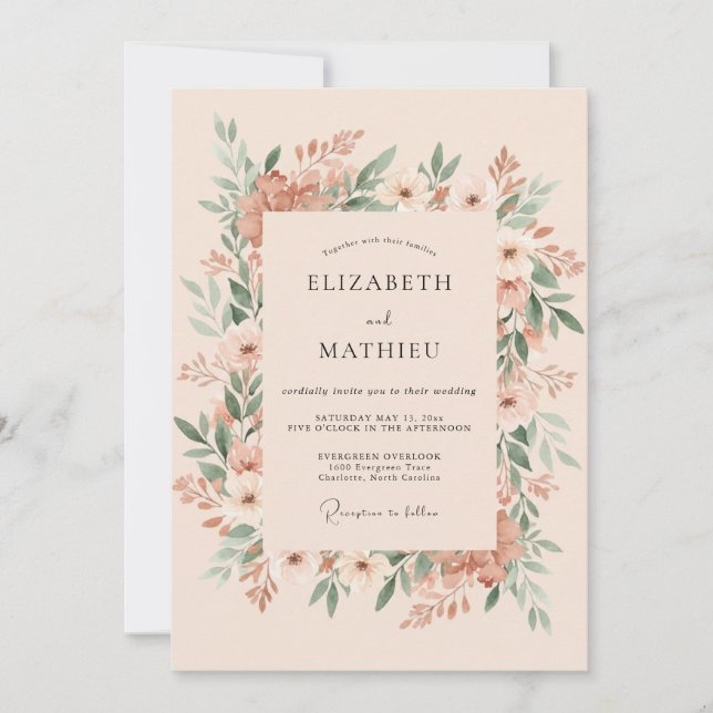 Soft Peach Wreath Wedding Invitation (Front)