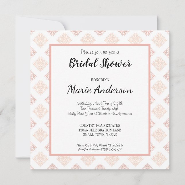 Soft Peachy Blush Damask Bridal Shower Invitation (Front)