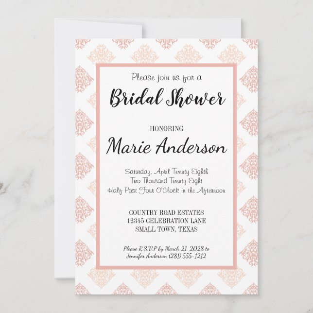 Soft Peachy Blush Damask Bridal Shower Invitation (Front)