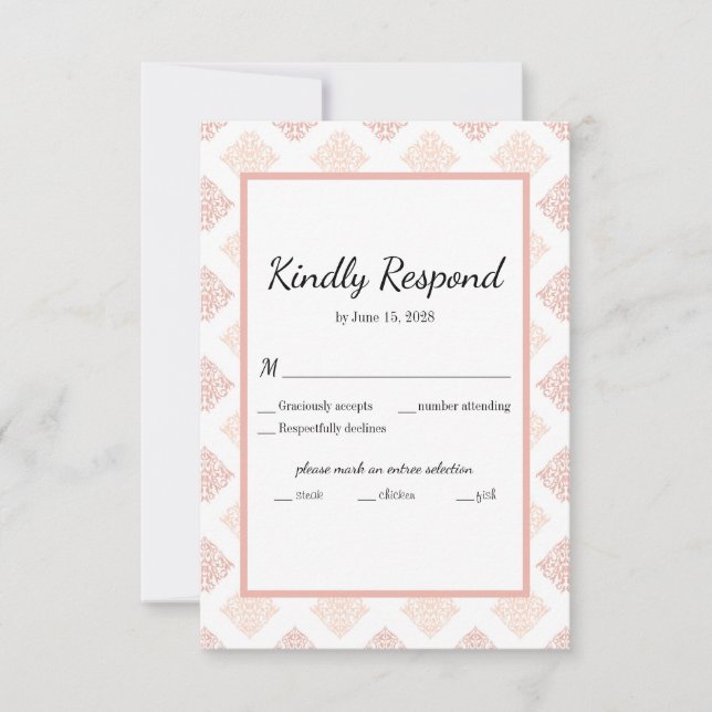 Soft Peachy Blush Damask RSVP Card (Front)