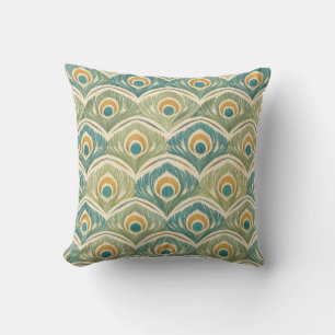 Soft Peacock Feather Pattern in Sage & Gold Throw Pillow