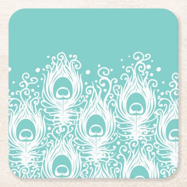 Soft peacock feathers square paper coaster (Front)