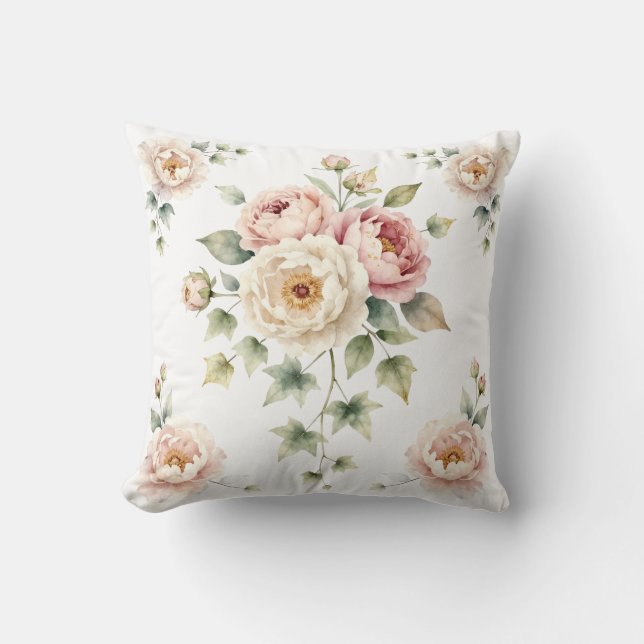 Soft Peony Bouquet Watercolor Elegance Throw Pillow (Front)