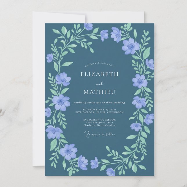 Soft Periwinkle Mint Wreath Wedding Invitation (Front)