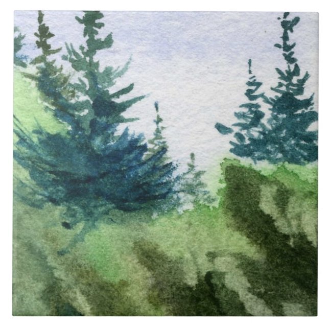 Soft pines on the rocks with a spring blue sky ceramic tile (Front)