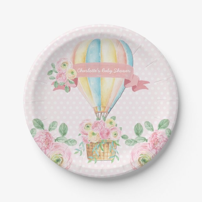 Soft Pink Adventure Hot Air Balloon Girl Shower Paper Plates (Front)