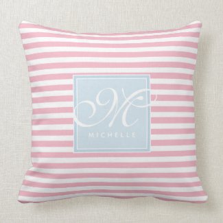 Soft Pink and Baby Blue Striped - Script Monogram Throw Pillow