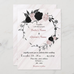 soft pink and black floral wreath wedding invitation