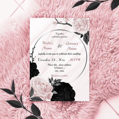 soft pink and black floral wreath wedding invitation