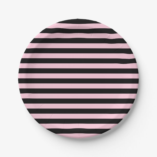 Soft Pink and Black Stripes Paper Plates (Front)