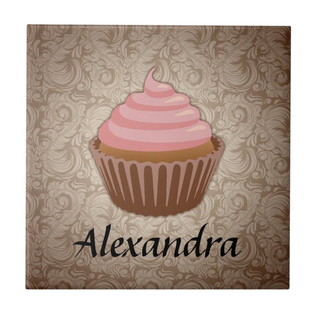 Soft Pink and Brown Cupcake, Personalized Keepsake Ceramic Tile (Front)