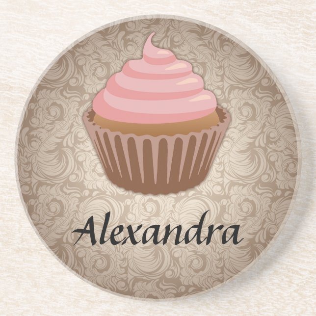 Soft Pink and Brown Cupcake, Personalized Keepsake Drink Coaster (Front)