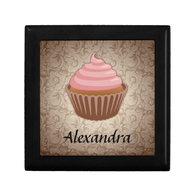 Soft Pink and Brown Cupcake, Personalized Keepsake Gift Box (Front)