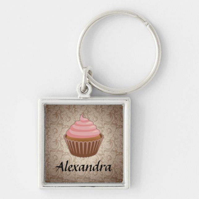 Soft Pink and Brown Cupcake, Personalized Keepsake Keychain (Front)