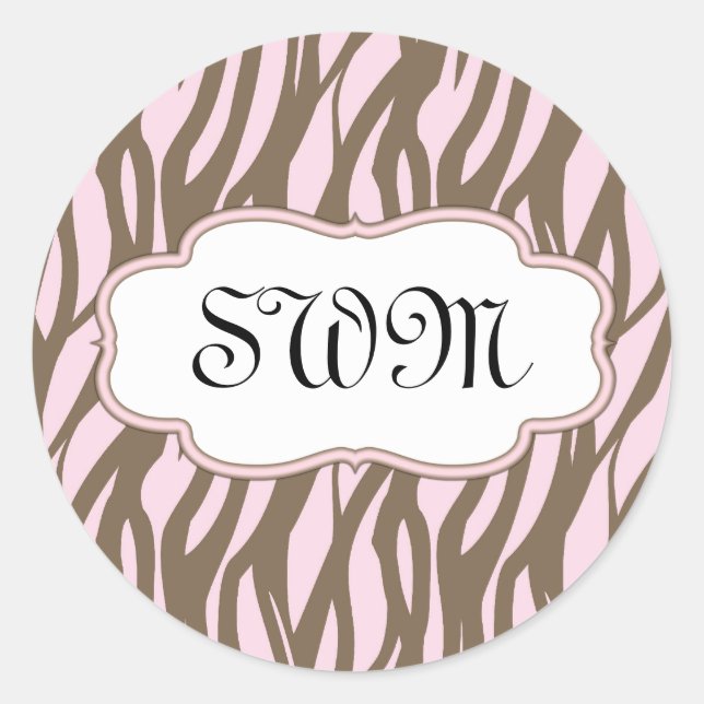 Soft Pink and Brown Monogram Frame Classic Round Sticker (Front)