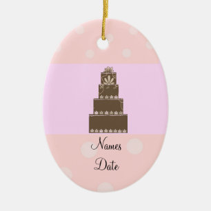 Soft Pink and Chocolate Wedding Cake Ceramic Ornament