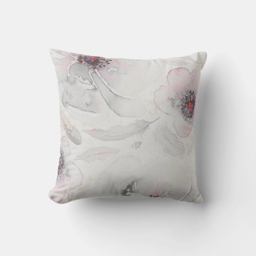 Soft Pink and Dusty Grey Vintage Floral Watercolor Throw Pillow - Romantic watercolor flowers and boho feathers soft pink and dusty grey pillows