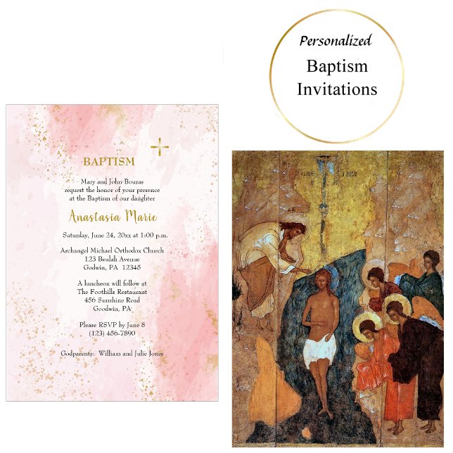 Soft Pink and Faux Gold Glitter Orthodox Baptism Invitation (Creator Uploaded)