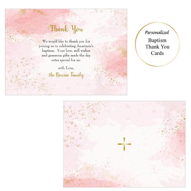 Soft Pink and Faux Gold Glitter Orthodox Baptism   Thank You Card (Creator Uploaded)