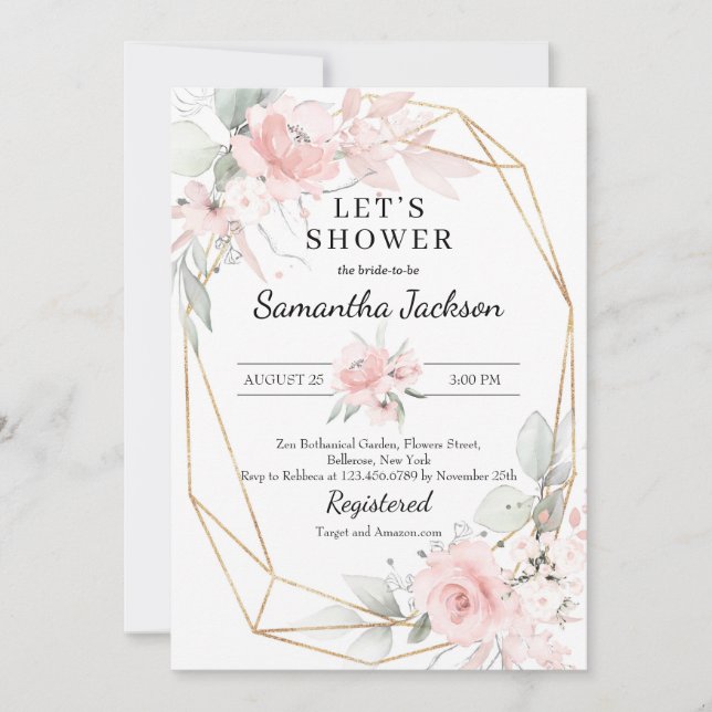 Soft pink and gold geometric bridal shower invitation (Front)