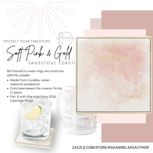 Soft Pink and Gold Square Sandstone Coaster (Creator Uploaded)