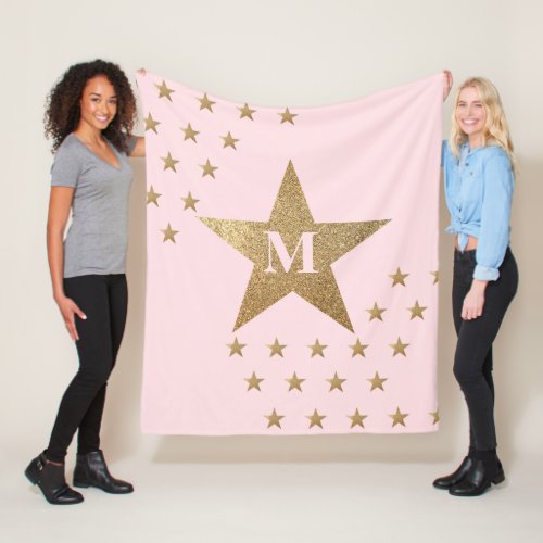 Soft Pink and Gold Star Monogram Fleece Blanket fo