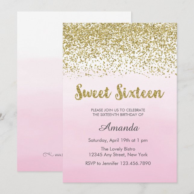 Soft Pink and Gold Sweet 16 Birthday Invitation (Front/Back)