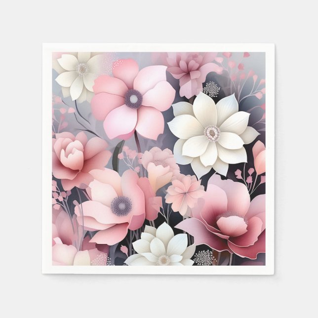 Soft Pink and Gray Floral Napkins (Front)