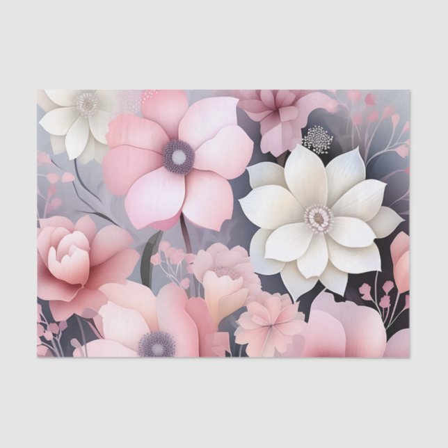 Soft Pink and Gray Floral Tissue Paper (Front)