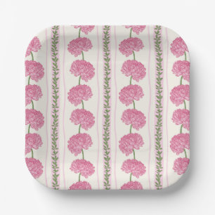 Soft Pink and Green Chrysanthemum Flower Stripes Paper Plates