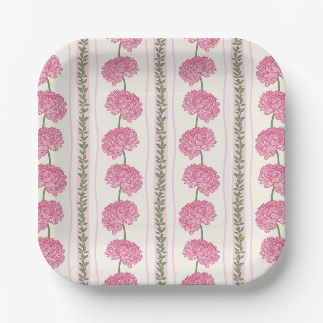 Soft Pink and Green Chrysanthemum Flower Stripes Paper Plates (Front)