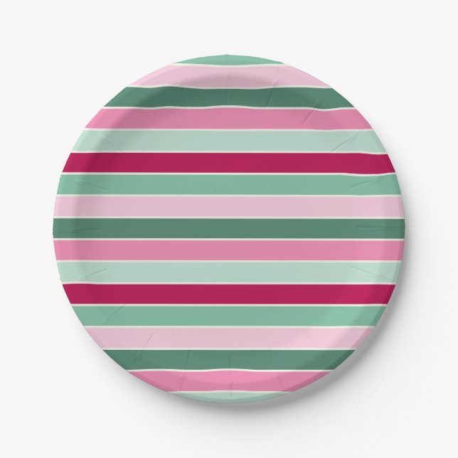 Soft Pink and Green Small Stripes Paper Plates (Front)