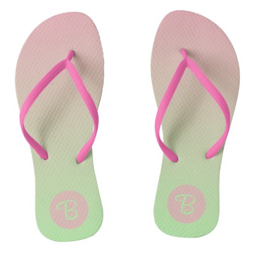 Soft Pink and Pastel Green Gradient Monogram Flip Flops