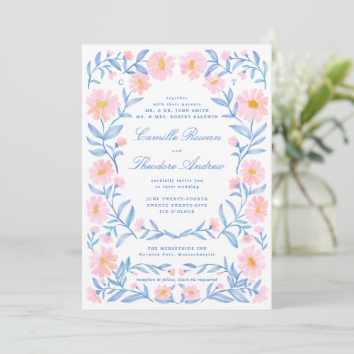 Soft Pink and Powder Blue Ornate Watercolor Floral Invitation