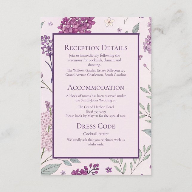 Soft Pink and Purple Lilac Floral Wedding  Enclosure Card (Front)