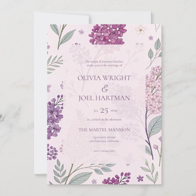 Soft Pink and Purple Lilac Floral Wedding  Invitation (Front)