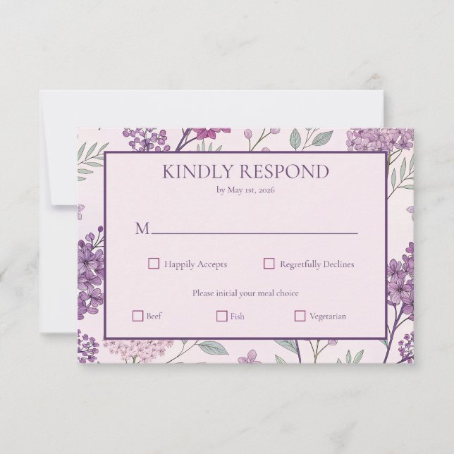 Soft Pink and Purple Lilac Floral Wedding RSVP Card (Front)