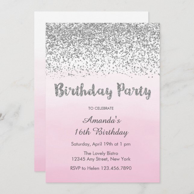 Soft Pink and Silver Birthday Invitation (Front/Back)