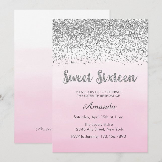 Soft Pink and Silver Sweet 16 Birthday Invitation (Front/Back)