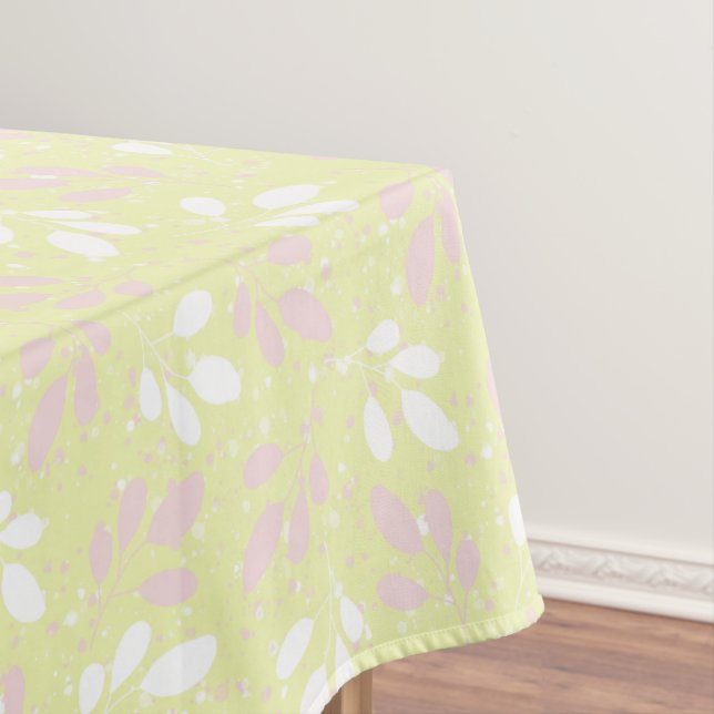 Soft Pink and White Botanical Leaves on Yellow Tablecloth (In Situ)