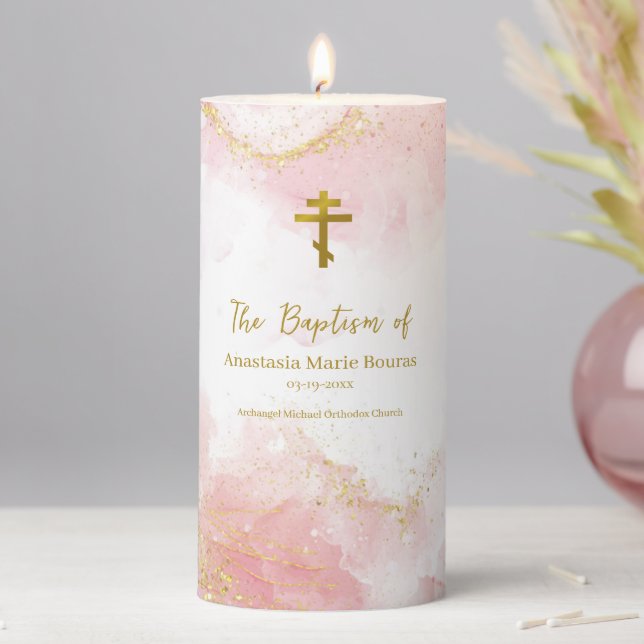 Soft Pink and White Clouds Baptism Orthodox Pillar Candle (In Situ)