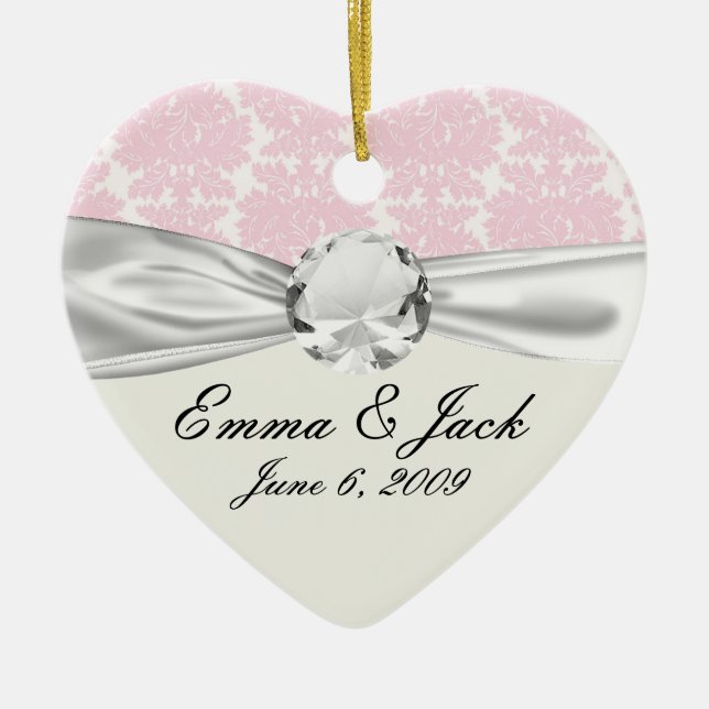 soft pink and white flourish damask pattern ceramic ornament (Front)