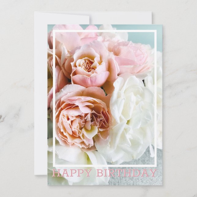 Soft Pink and White Roses Birthday Card (Front)