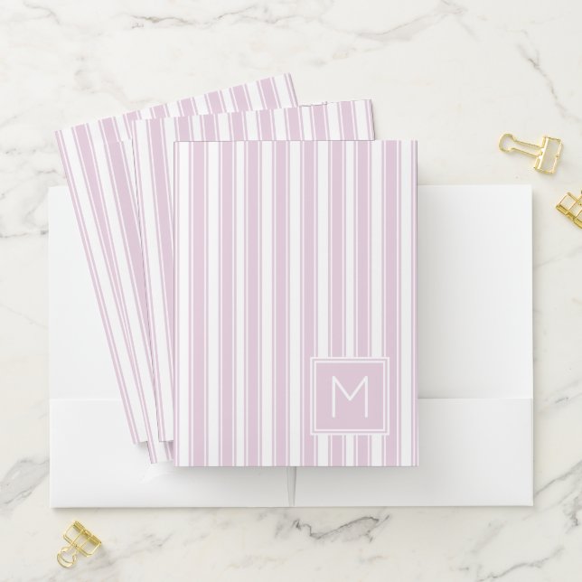 Soft Pink and White Ticking Stripe Monogram Pocket Folder (In Situ)
