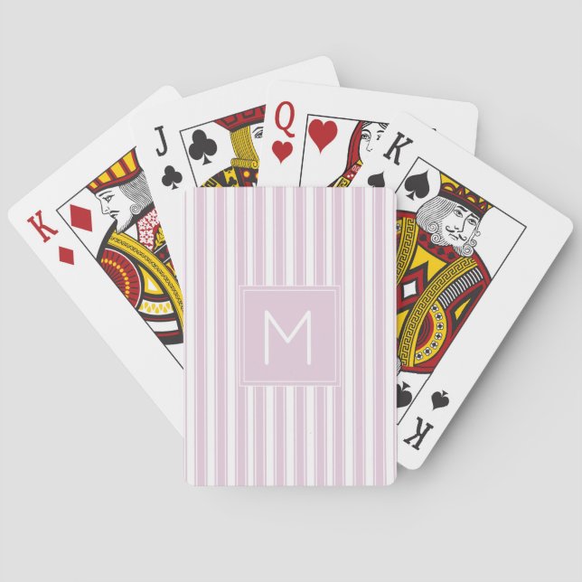 Soft Pink and White Ticking Stripes Monogram Poker Cards (Back)