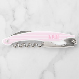 Soft Pink Beach Stripe Tiny Initials Monogram Waiter's Corkscrew