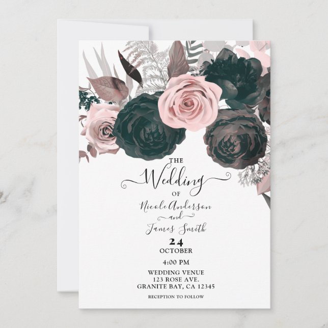 Soft Pink & Black Floral Greenery White Wedding Invitation (Front)