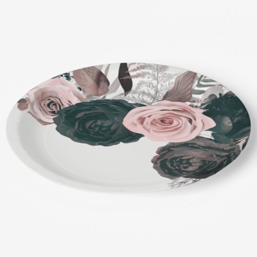 Soft Pink  Black Floral Greenery White Wedding Paper Plates